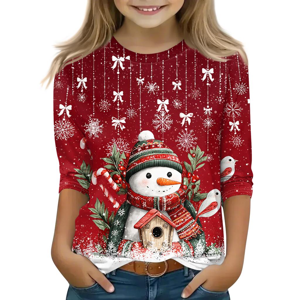 Christmas Day Print Tops For Youth Girls 4-11 Years Round Neck 3/4 Sleeves T-Shirts Trendy Tops Outfit Tees