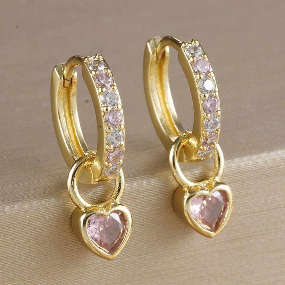 2PCS Luxury Colorful Heart Pendant Earrings Exquisite Multicolor Zircon Stainless Steel Hoop Earrings for Women Fashion Jewelry