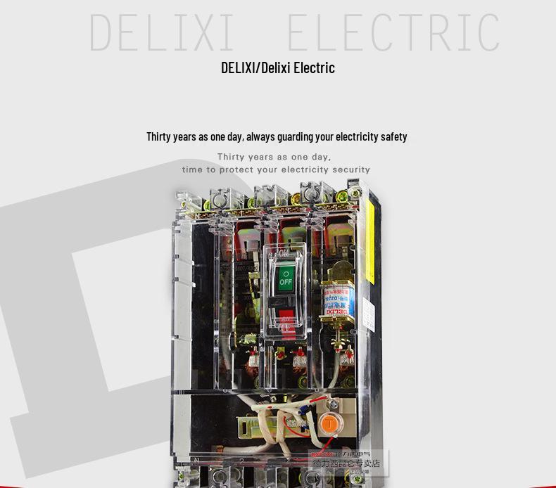 Delixi Transparent Plastic Shell Earth Leakage Circuit Breaker DZ20L-160A/250A/4300 with Earth Leakage Protection.