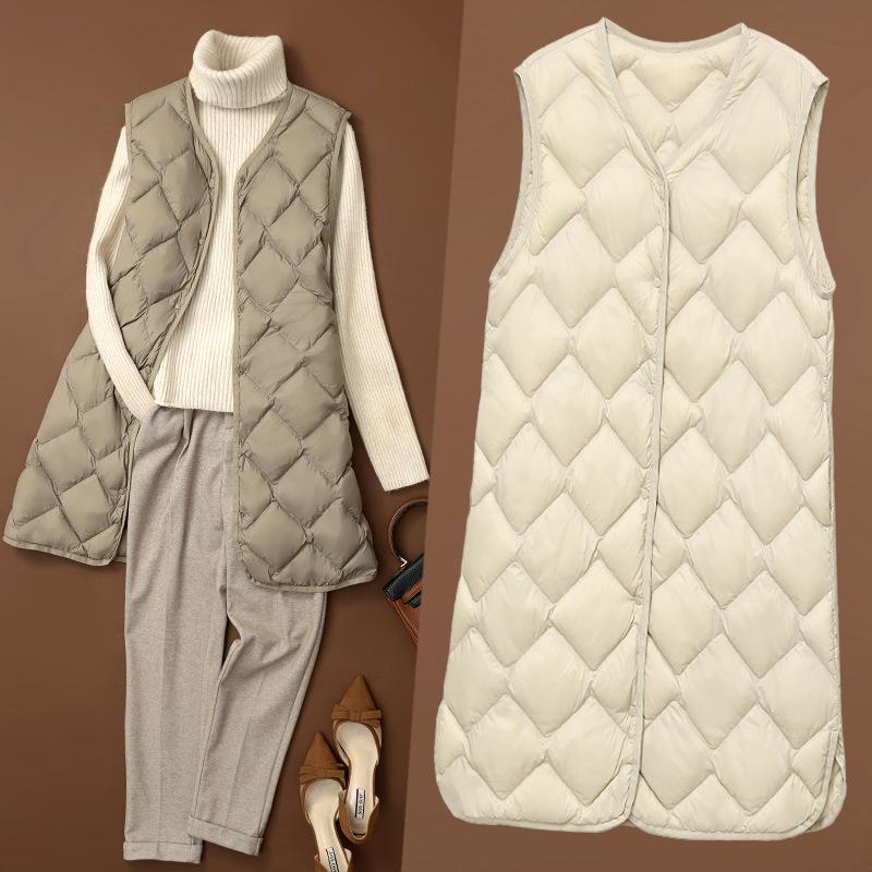 Women's Lightweight Down Vest - Mid-Length V-Neck Autumn/Winter Plus Size Waistcoat - Lightweight Down Lining Sports Vest