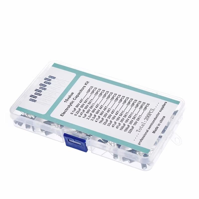 Zestaw 200 szt. kondensatorów radialnych 15 wartości 10V 16V 25V 50V 0,1uF-220uF Zestaw asortymentowy kondensatorów elektrolitycznych 0,22uf 2,2uf 100uf