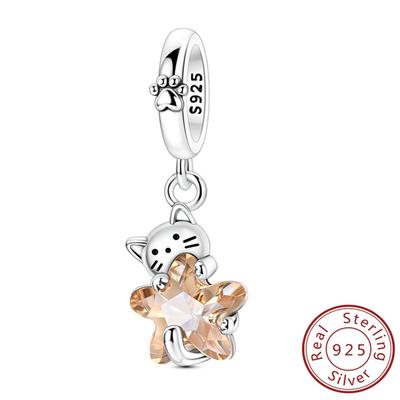 New In 925 Silver Cat Pendant Holding Stars Charm Bead Jewelry Fit Original 925 Bracelet For Women DIY Gift
