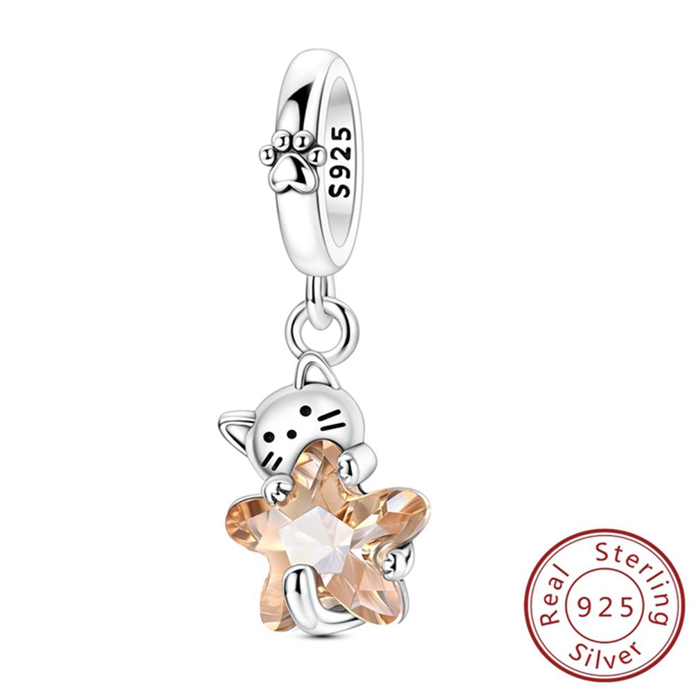 New In 925 Silver Cat Pendant Holding Stars Charm Bead Jewelry Fit Original 925 Bracelet For Women DIY Gift