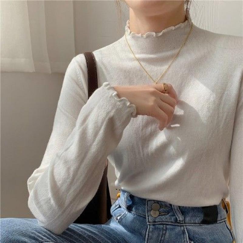Apricot Semi-turtleneck Bottoming Shirt for Women with Autumn and Winter Fungus Edge Top, White Semi-turtleneck Core-spun Yarn Knitting