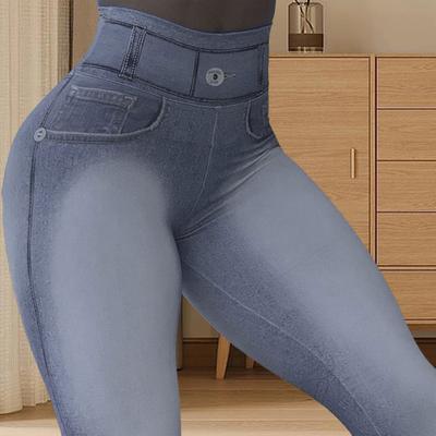 Pantalones de Yoga Cintura Alta Tejido Elástico Ajuste Adelgazante Textura Imitación Denim Pantalones de Ejercicio Leggings de Entrenamiento Versátiles