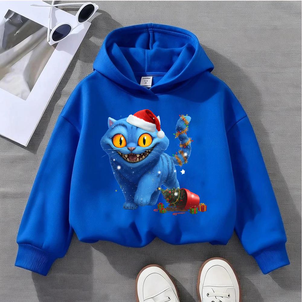 

2025 Новая KPOP Рождественская Синяя Толстовка с Принтом Кота Детская Спортивная Рубашка Милая Детская Фестивальная Толстовка 100