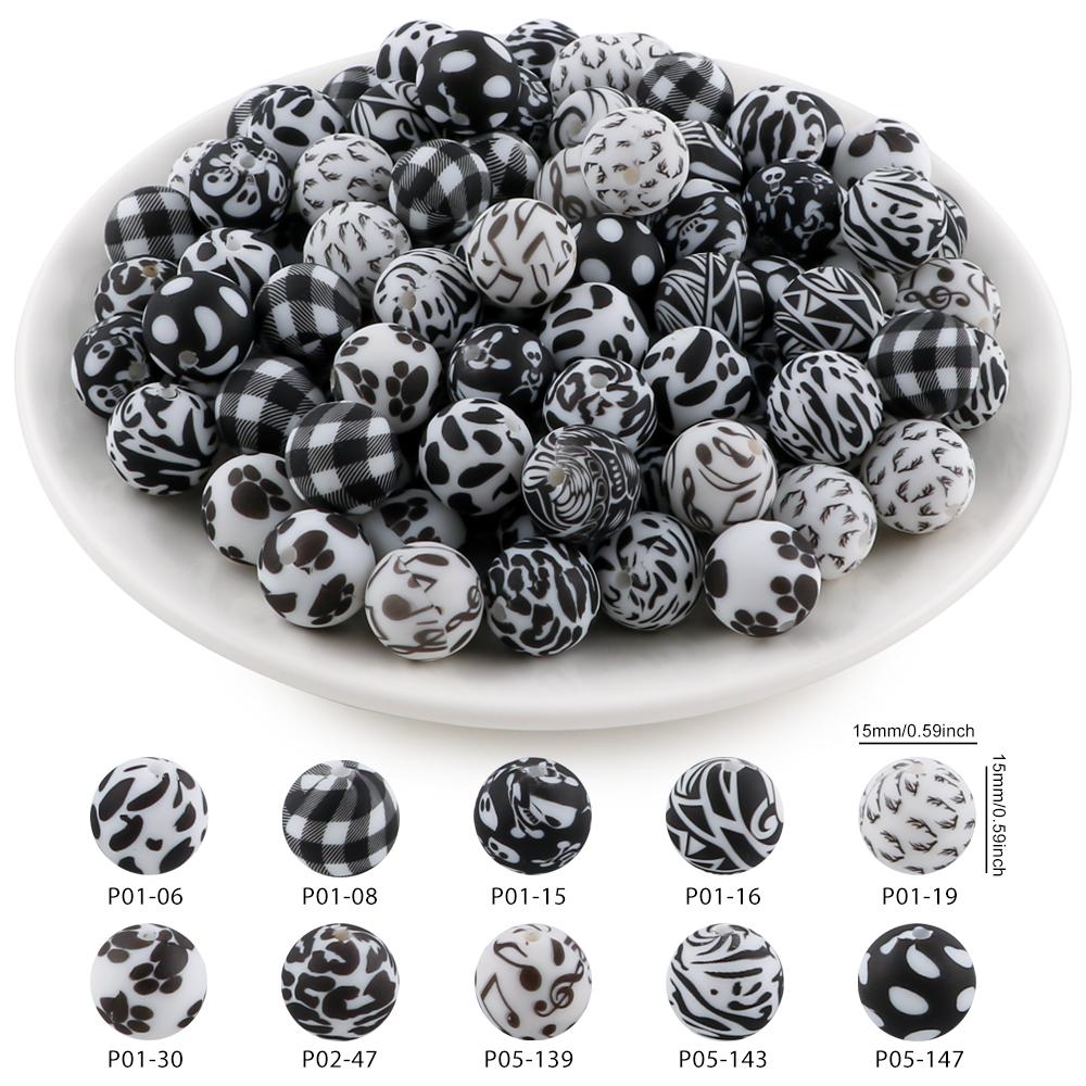 20Pcs/Bag 15MM Printed Silicone Beads Mixed For DIY Jewelry, Bracelets, Keychains, Etc