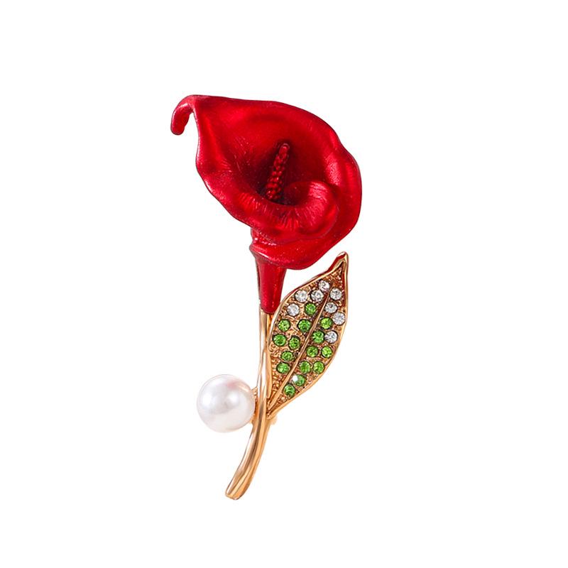 Elegante Blumige Bambus Brosche - Luxuriöse Rote Blume Corsage Anstecknadel für Damen