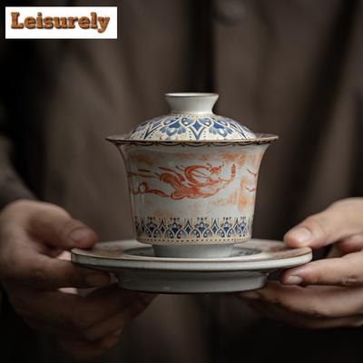 170ml Imitación Horno Song Ru Gaiwan Tradicional Dunhuang Apsaras Taza de Té con Tapa para Hacer Té Vajilla Artesanal Regalos