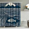 Modern Artistic Blue and White Fish and Mountain Pattern Waterproof Shower Curtain for Stylish Bathroom Decor, Easy Instal