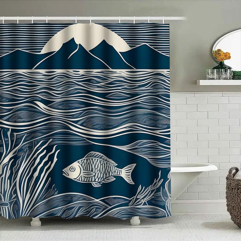 Modern Artistic Blue and White Fish and Mountain Pattern Waterproof Shower Curtain for Stylish Bathroom Decor, Easy Instal