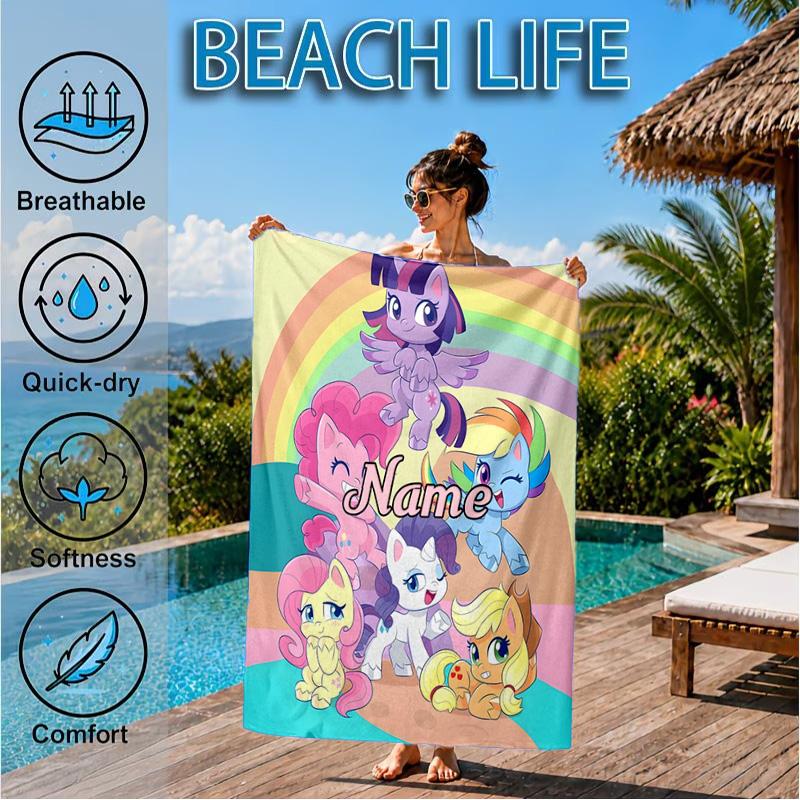 Custom Name Pony Friends Forever Beach Towel Microfiber Beach Towel, Lightweight and Quick-Dry, for Summer Travel, Swimming Pool Gift