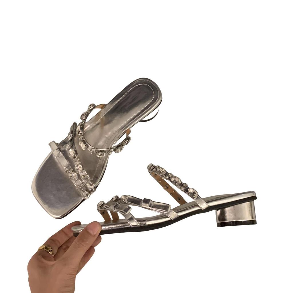 Temperament silver French small cool slippers fairy shoes fashion wear 2025 new summer thick heel rhinestone sandals
