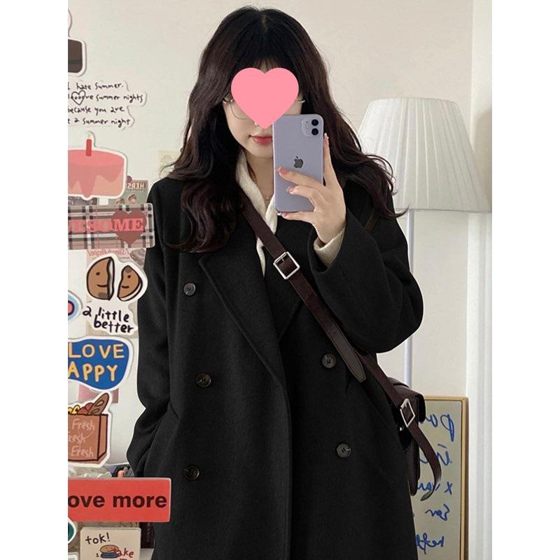 Korean Style Black Woolen Mid-Length Coat for Petite Women - 2025 Winter Edition Large