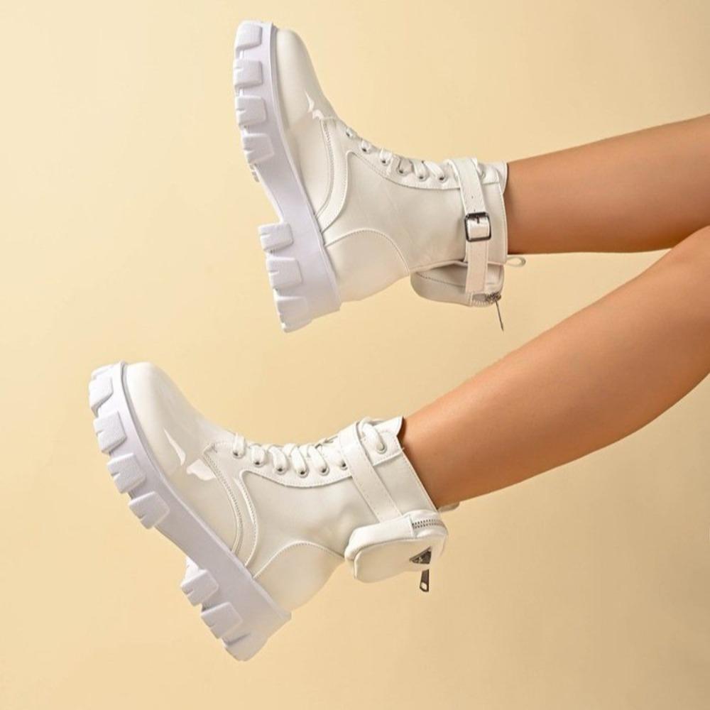 Dámské boty Nové v Motocyklové Kotníkové boty Klínky Dámské Šněrovací Platformy Bílé Černé Kožené Oxfordky Dámské boty Mujer Taška