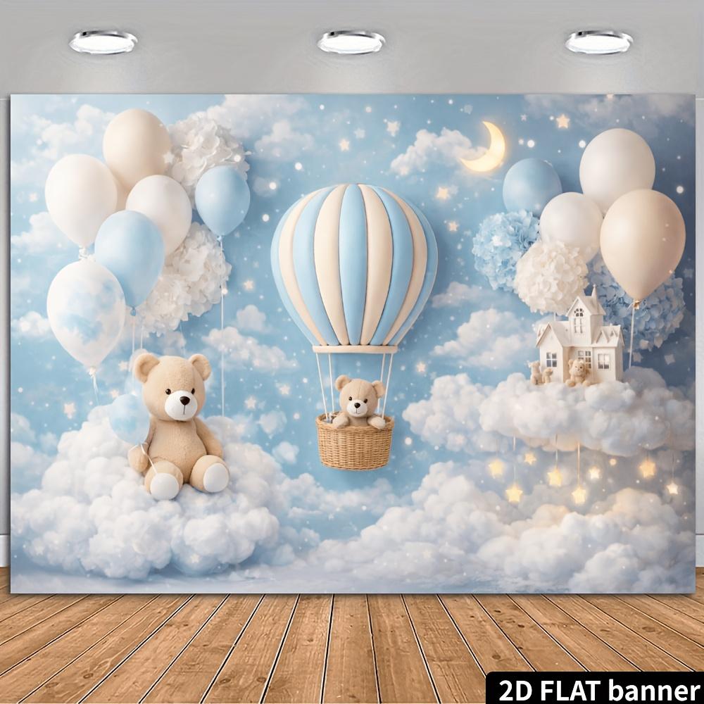 2D Plane Blue and White Hot Air Star Blank Canvas with Small Bear Background. Cloudy Sky Paired with Macaron Balloons.