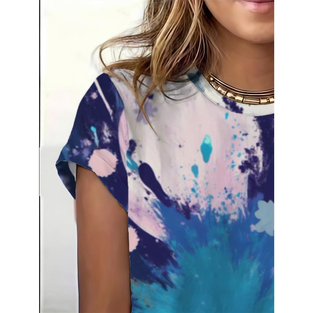 Women's Loose Round Neck T-shirt, Abstract Blue Art Print, Soft and Breathable Short Sleeves,