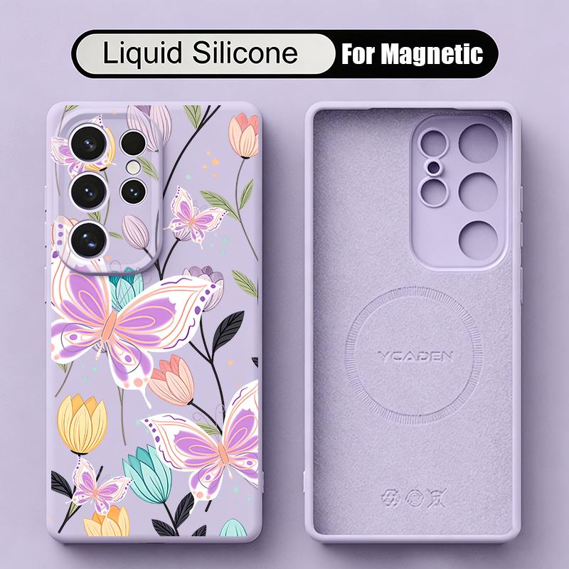 Luxury Butterfly Print Case For Samsung Galaxy S26 S25 Ultra S24 Plus S23 S22 Ultra Magnetic For Magsafe Liquid Silicone Cover
