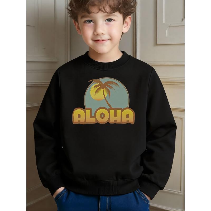 Casual Childlike Coconut Tree and Sun Printed Crewneck Sweatshirt for Kids Daily School and Leisure Activities