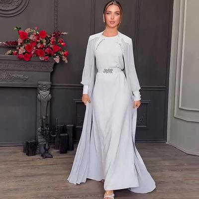 Automne 2024 Ensemble Deux Pièces Robe Longue Élégante Amincissante à Manches Longues et Taille Nouée Couleur Unie Col Rond pour Femme