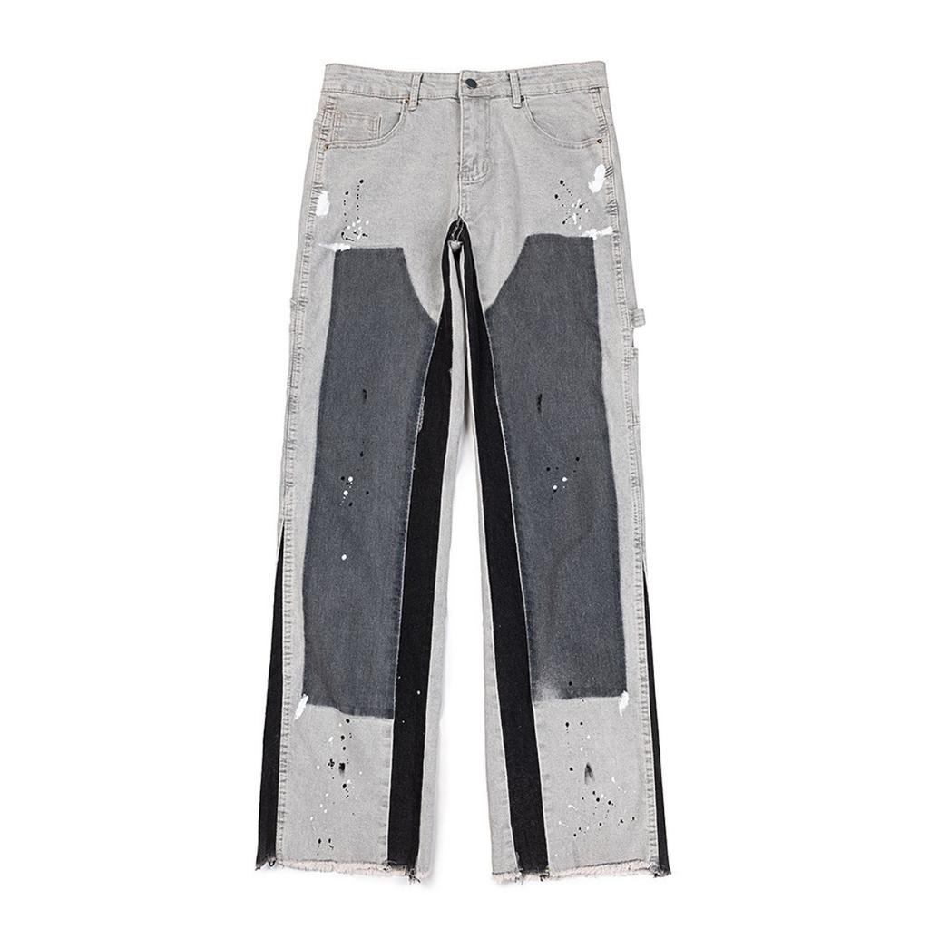 American Streetwear Splashed Ink Patchwork Baggy Jeans Men Women Clothing Tie Dye Trendy Pants Straight Slim Micro-flard Pants