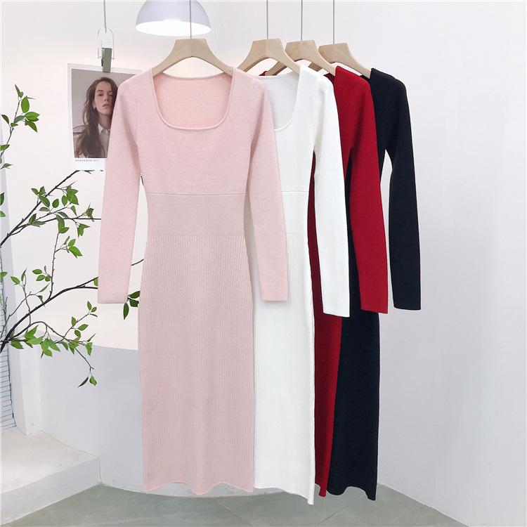

Elegant French Style Square Neck Knitted Dress - Spring 2026 Collection - Versatile Medium-Length Skirt Medium