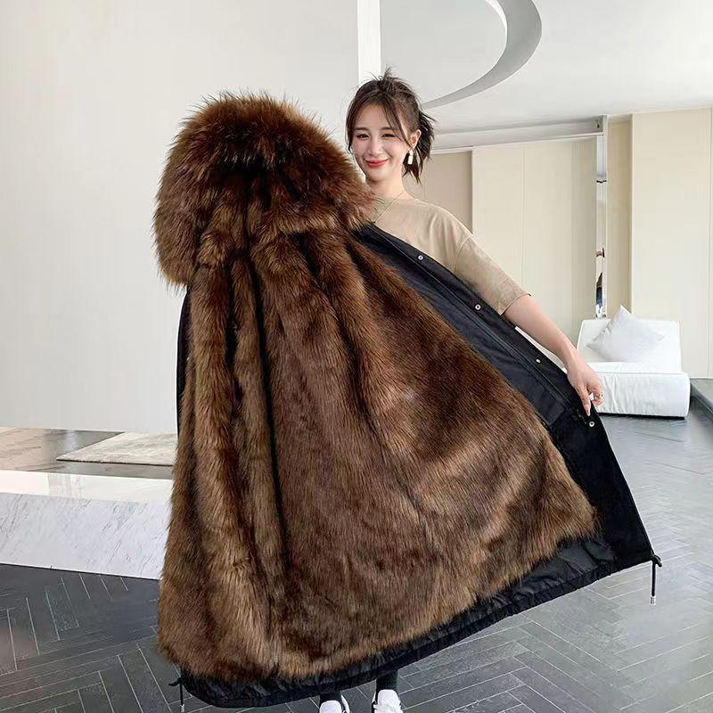 Women's Mid-Length Cotton Coat with Removable Faux Raccoon Fur Liner - Thickened, Plus Size