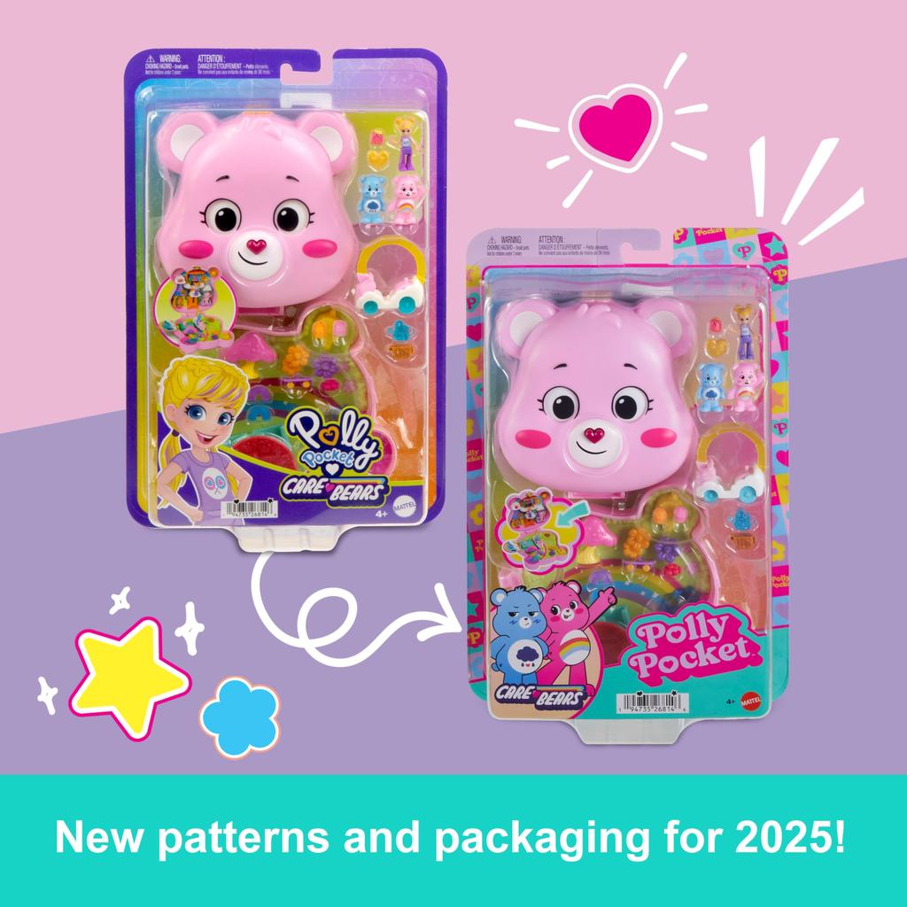 Polly Pocket x Care Bears Doll Playset with Toy Vehicle and Themed Travel and Partnership Compact & Accessories, Toy,