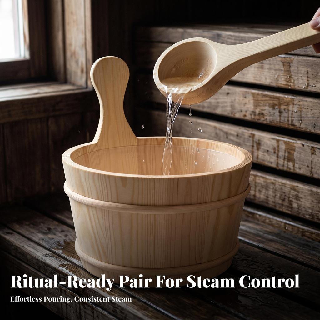 Wooden Sauna Pail Natural Wood and Ladle Set Long-Lasting