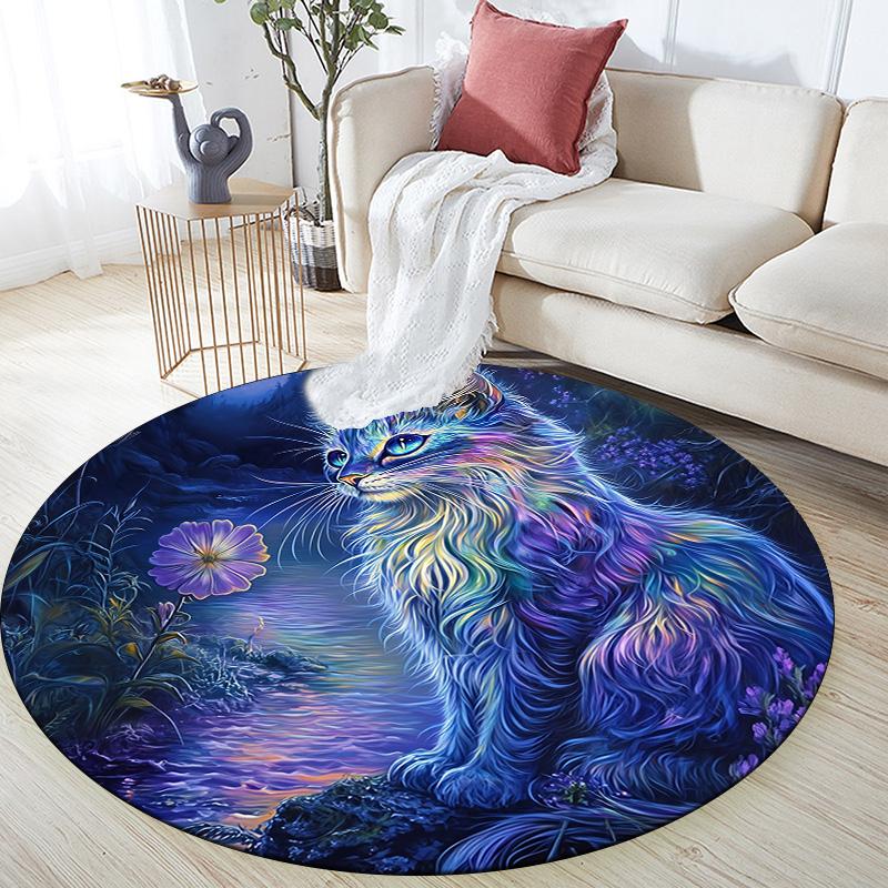 Night Cat Round Area Rug,Carpet Rug for Living Room Bedroom Sofa Playroom Decor,Non-slip Floor Mat