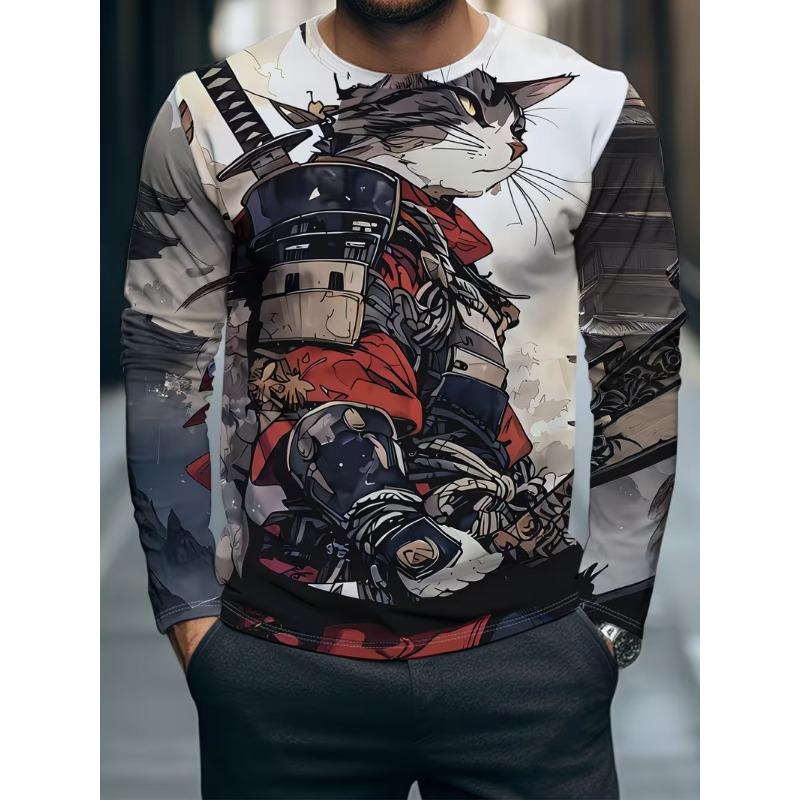 Herren Langarm-T-Shirt mit 3D-Streifendruck, bequem, atmungsaktiv und vielseitiges Herren-Oberteil