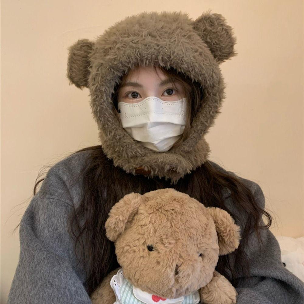 

Мягкая защитная шапка-пуловер с медведем, модная теплая шапка для студента