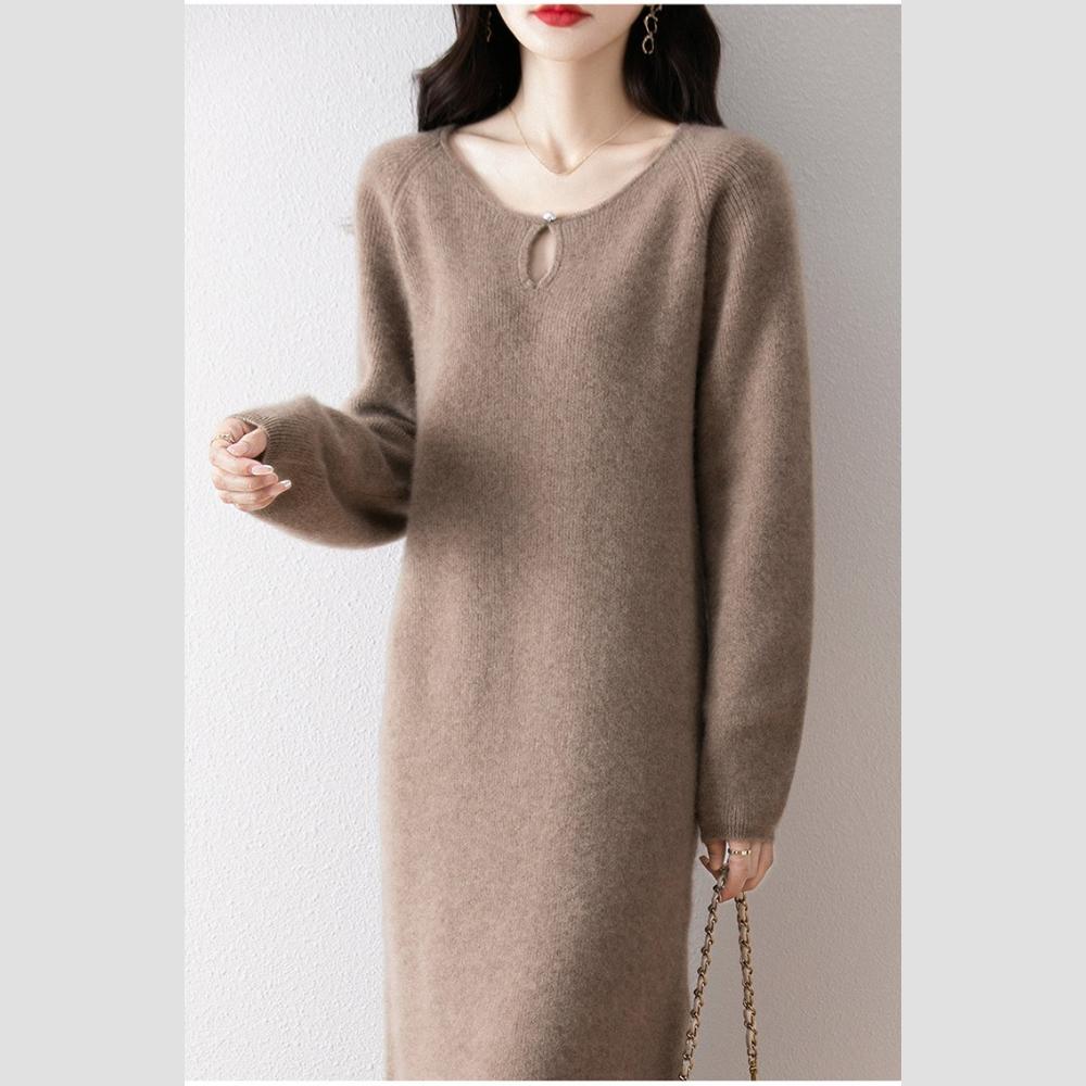 Knitted Straight Dress for Women Long-sleeved Casual Long Sweater Dress Solid Color Round Neck Pullover for Autumn and Winter