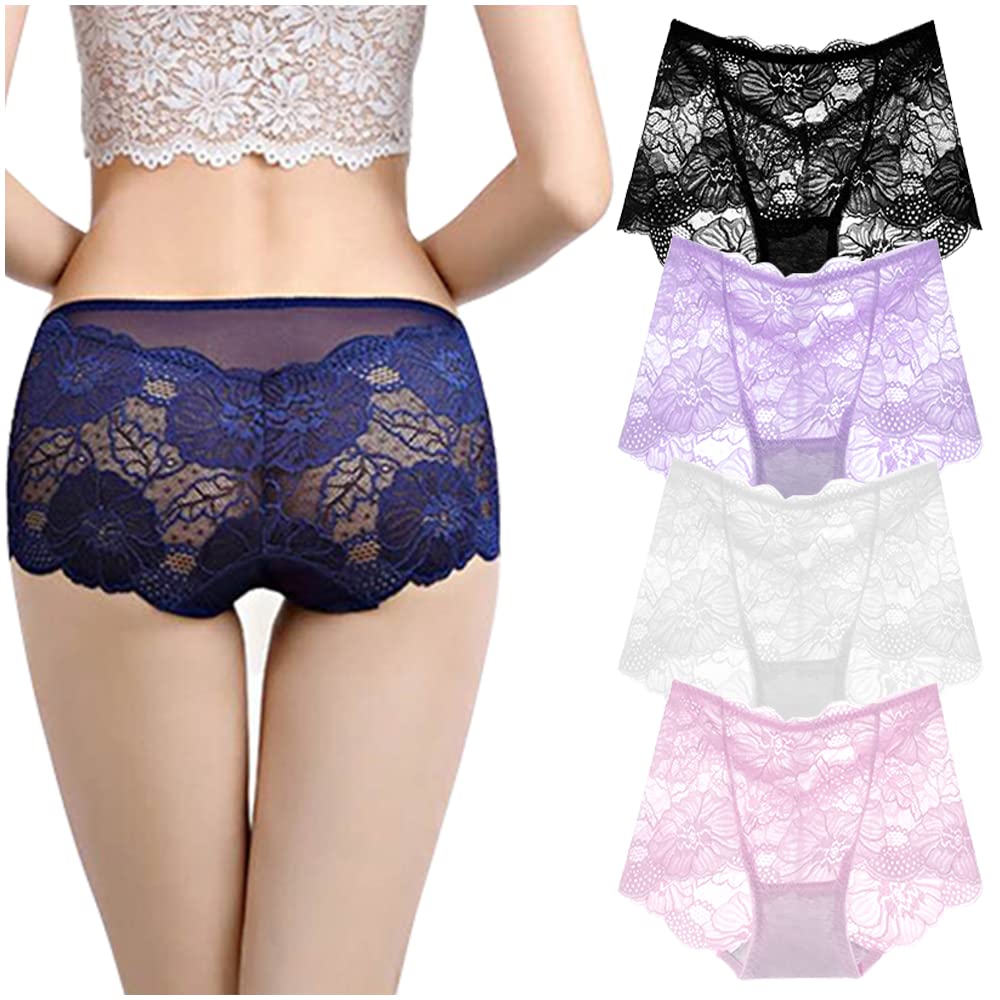 HINICE Lace Sexy Sheer Lace with Floral Set of 4 Women's Panties, Underwear, Print, (Pink, White, Black, Purple, XL)