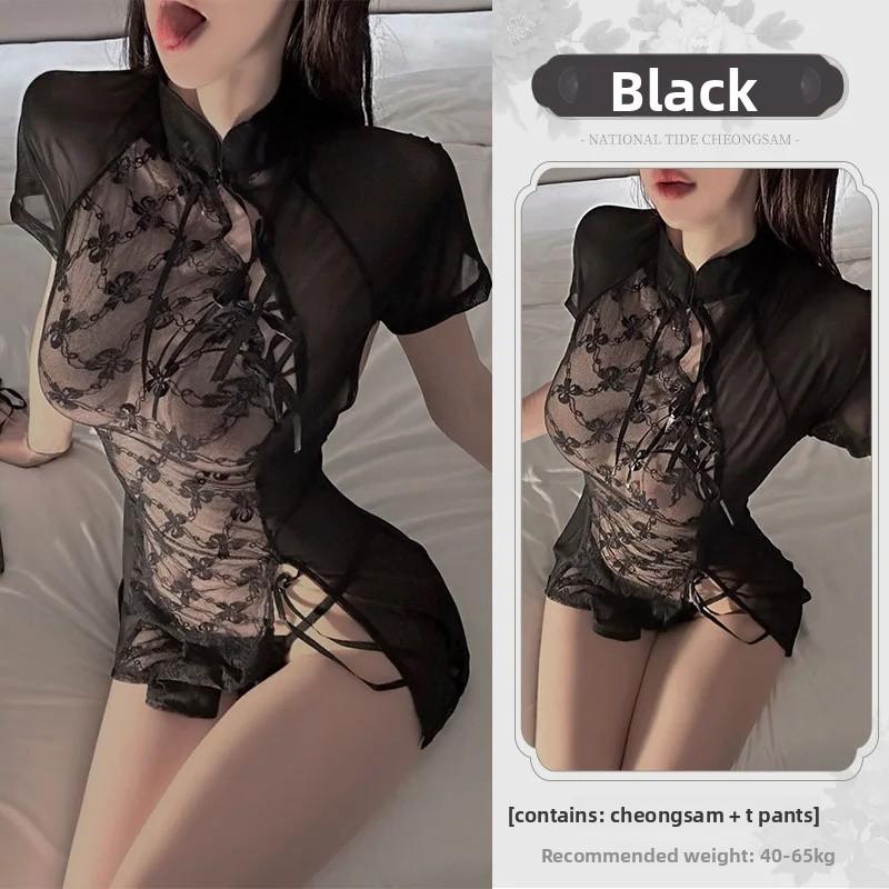 Sexy Lace Slit See through Cheongsam Uniform Pure Desire Temptation Erotic Underwear Passion Non Stripping Sleepwear Set