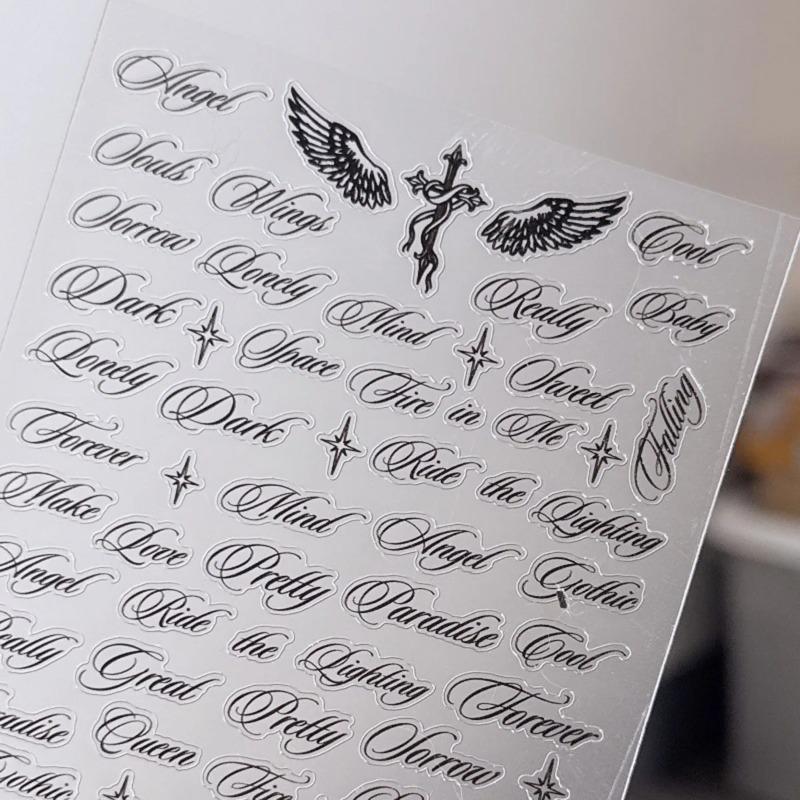 Чорно-білі літерні слова наклейки для нігтів Ангельські крила Змішані дизайни літер Голографічні Y2K Наклейки для декору нігтів своїми руками