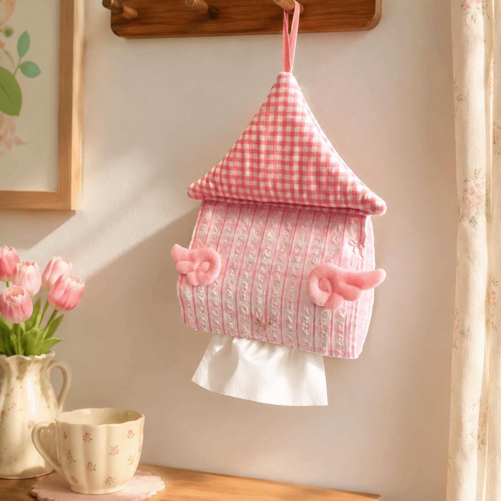 Kawaii House Shaped Hanging Tissue Holder Wings Stripe Grid Tissue Box Cover Soft Storage Organizer Napkin Holder Living Room