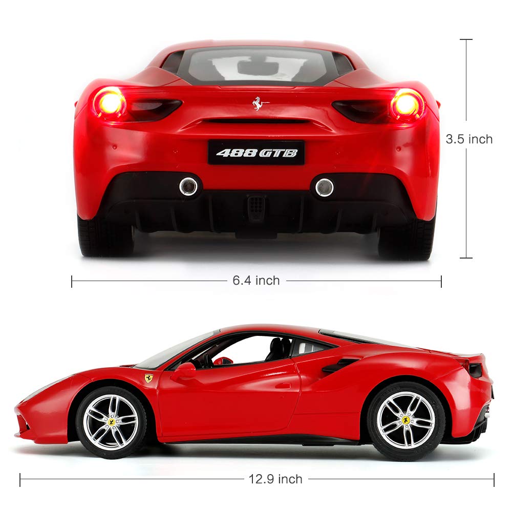 scale Ferrari 488 GTB car with illuminated headlights and red 114 radio-controlled taillights,