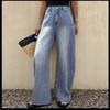 Womens High-Waisted Wide-Leg Straight Jeans Loose Fit Distressed Washed Denim Pants Long Trousers