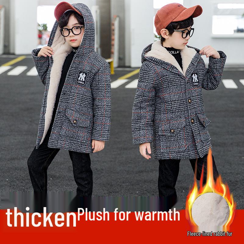 Boys' Fleece-lined Cotton Jacket & Plaid Woolen Coat - 2025 New Style