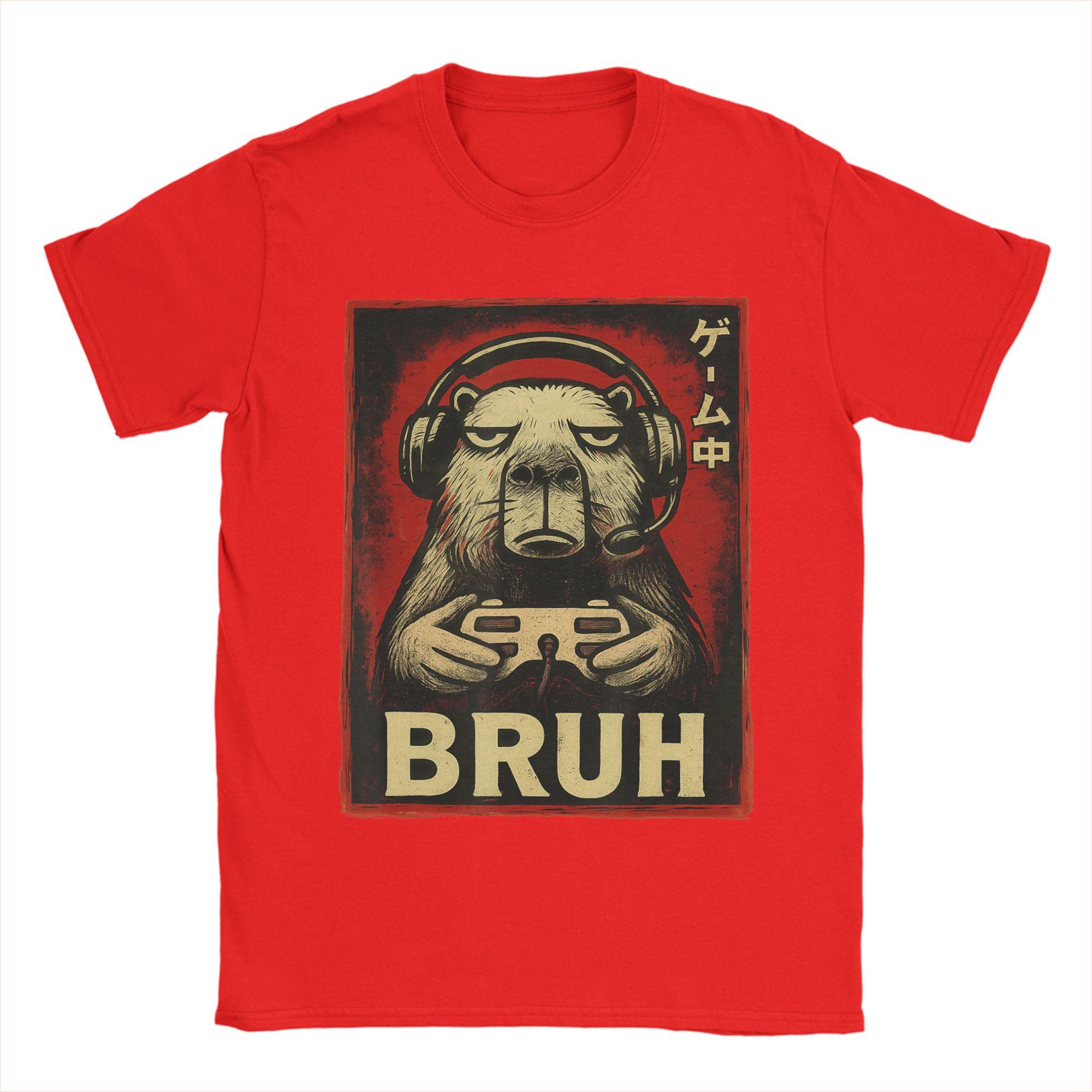 Mens TShirts Funny Capybara Gamer Bruh Graphic Funny Cotton Tees Short Sleeve T Shirt Crewneck Clothing Plus Size S