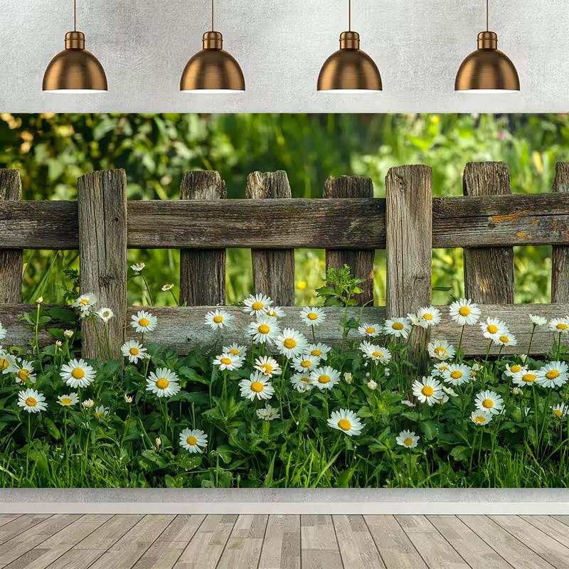 Rustic Garden Fence and Daisy Backdrop 150x100cm Spring Floral Scene Photography Background Banner