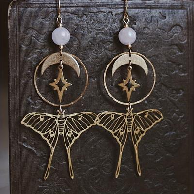 Hollow Exquisite Moth Moon Star Design Dangle Earrings With Quartz Decor Copper Jewelry Bohemian Style Trendy Female Gift
