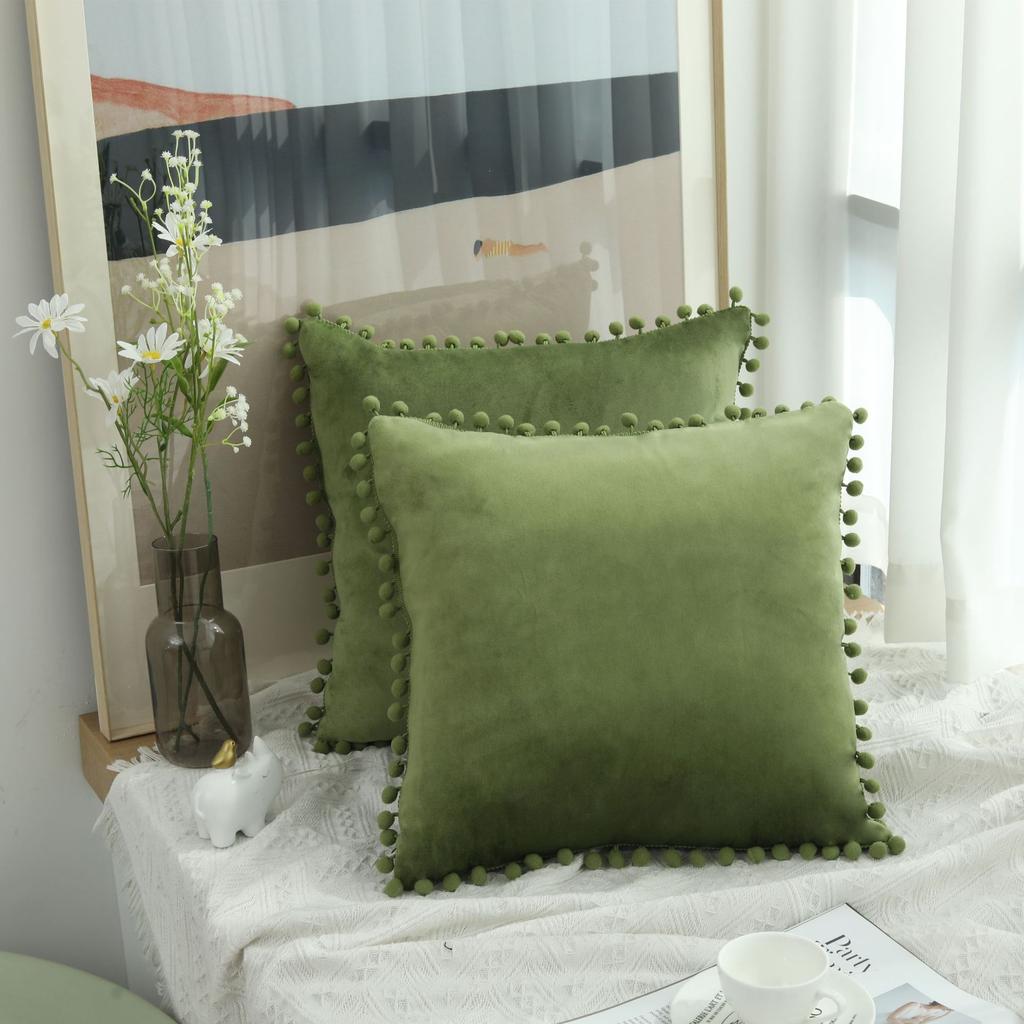 LMETJMA 1 Piece Burgundy Throw Pillow Covers with Pom Pom Velvet Euro Plush Cushion Covers for Sofa Couch Bedroom JT417