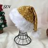 Santa Hat Christmas Sparkly for Women Men, Glitter Sequin with White Fluffy Trim Festive Costume Accessories Cosplay And Pom Pom, Holiday Party Bling