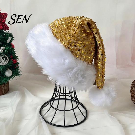 Santa Hat Christmas Sparkly for Women Men, Glitter Sequin with White Fluffy Trim Festive Costume Accessories Cosplay And Pom Pom, Holiday Party Bling