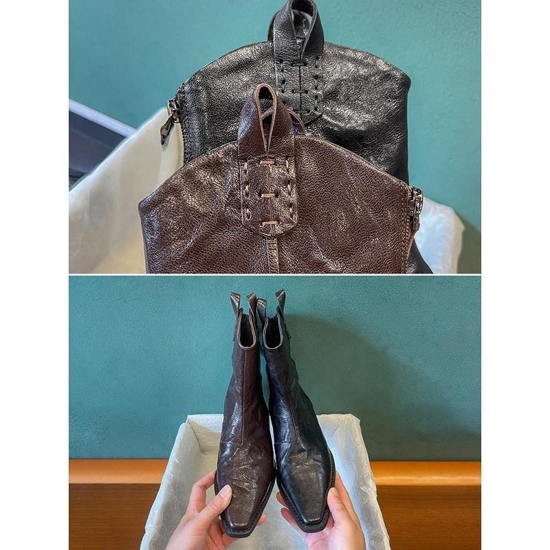 Small short boots women's new Martin boots V-mouth bare boots pointed brown thick heel western cowboy boots