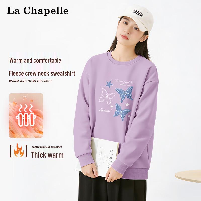 La Chapelle Women s Fleece Butterfly Print Round Neck Sweatshirt L