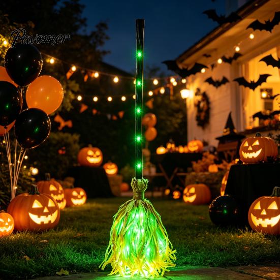 Witch Broom for Halloween with Green LED Light, Glowing Cosplay Wizard Handheld Wand Broomstick, Costume Prop Themed Parties, Indoor Outdoor