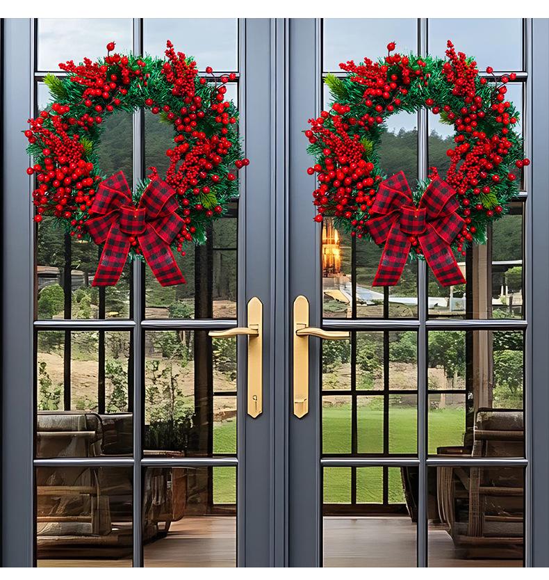 Přeshraniční vánoční červeno-černý kostkovaný věnec s mašlí a bobulovou révou, dekorace na dveře